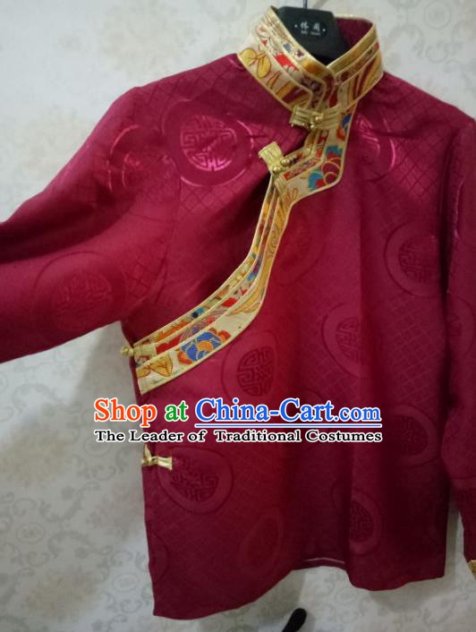 Traditional Chinese Zang Nationality Costume Wine Red Shirt, Tibetan Ethnic Minority Coat for Men