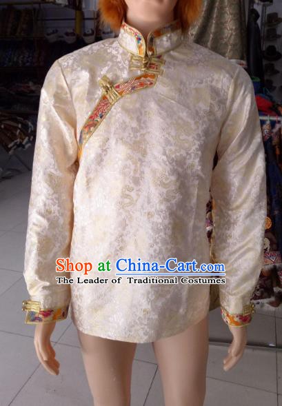 Traditional Chinese Zang Nationality Costume White Shirts, Tibetan Ethnic Minority Coat for Men