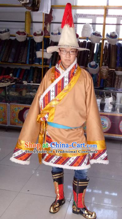 Traditional Chinese Zang Nationality Costume, Tibetan Ethnic Minority Yellow Tibetan Robe for Men