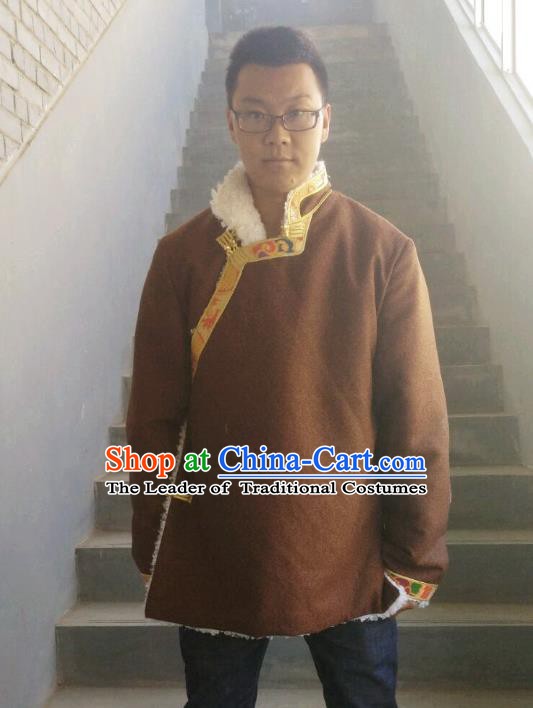Traditional Chinese Zang Nationality Costume Brown Cotton-padded Jacket, Tibetan Ethnic Minority Shirt for Men