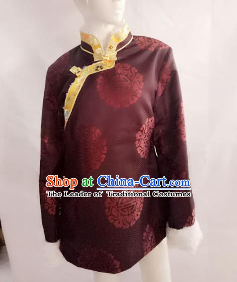 Chinese Tibetan Nationality Costume Purple Cotton-padded Jacket, Traditional Zang Ethnic Minority Clothing for Women