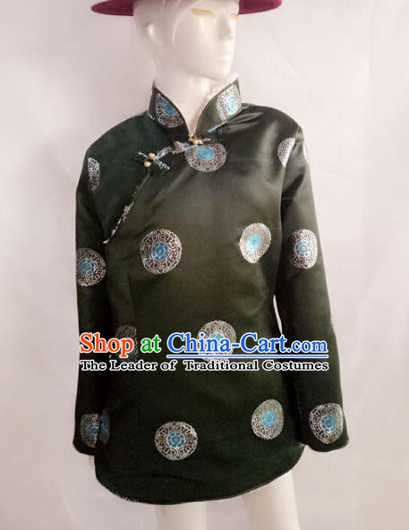 Traditional Chinese Zang Nationality Costume Green Cotton-padded Jacket, Tibetan Ethnic Minority Coat for Men