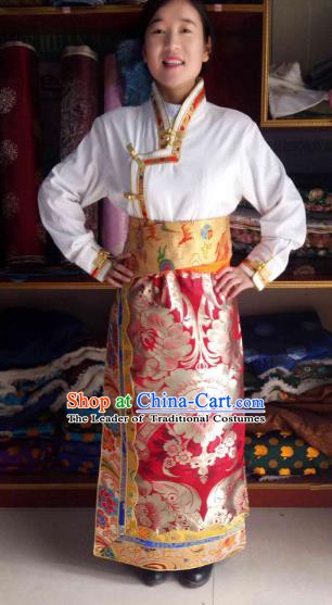 Chinese Tibetan Nationality Costume Red Skirt, Traditional Zang Ethnic Minority Clothing for Women