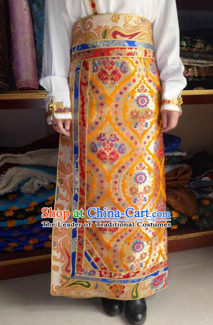 Chinese Tibetan Nationality Costume Yellow Skirt, Traditional Zang Ethnic Minority Clothing for Women
