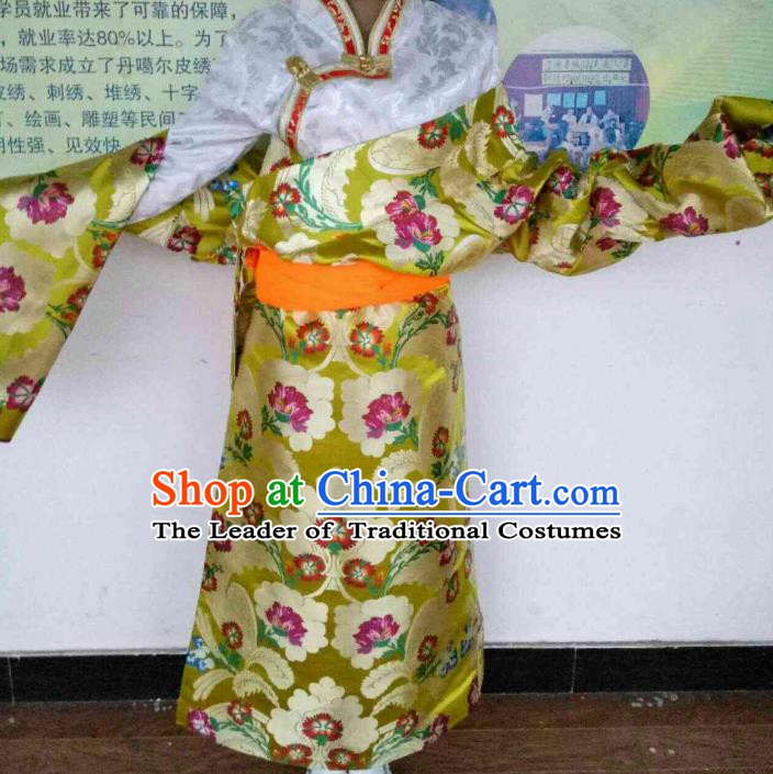 Chinese Tibetan Nationality Costume Yellow Robe, Traditional Zang Ethnic Minority Clothing for Women