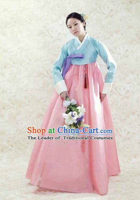 Korean Traditional Bride Hanbok Clothing Blue Blouse and Pink Dress Korean Fashion Apparel Costumes for Women