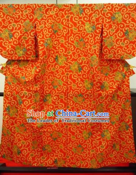Japan Ancient Orange Furisode Kimonos Traditional Female Yukata Dress Formal Costume for Women