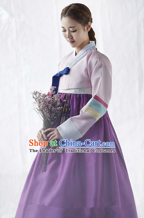 Korean Traditional Palace Garment Hanbok Fashion Apparel Costume Bride Pink Blouse and Purple Dress for Women