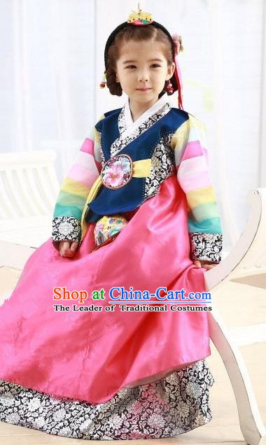 Korean Traditional Hanbok Korea Children Navy Blouse and Pink Dress Fashion Apparel Hanbok Costumes for Kids
