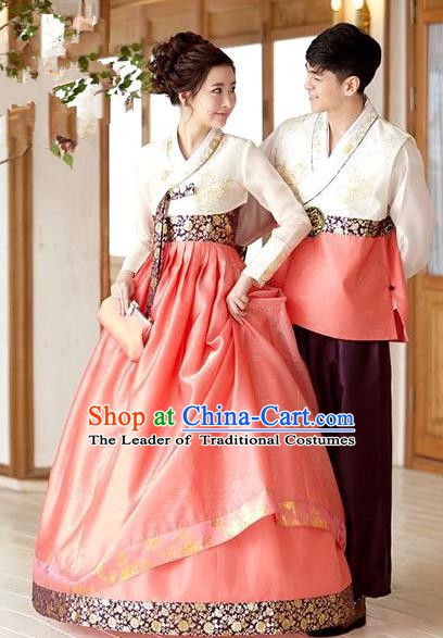 Korean Traditional Garment Palace Orange Hanbok Fashion Apparel Bride and Bridegroom Costumes Complete Set