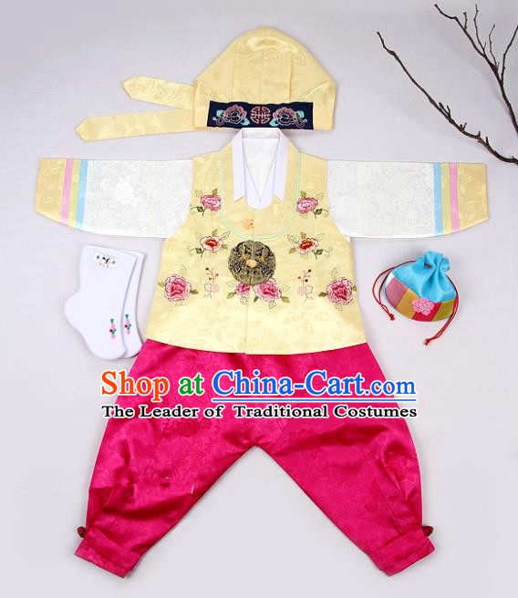 Korean Traditional Hanbok Clothing Korean Boys Hanbok Costumes Yellow Shirt and Rosy Pants for Kids