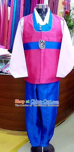 Asian Korean Traditional Hanbok Clothing Ancient Korean Pink Shirt and Royalblue Pants Costume for Men