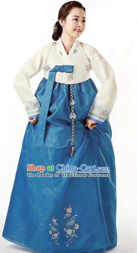 Korean Traditional Garment Palace Hanbok White Blouse and Blue Dress Fashion Apparel Bride Costumes for Women