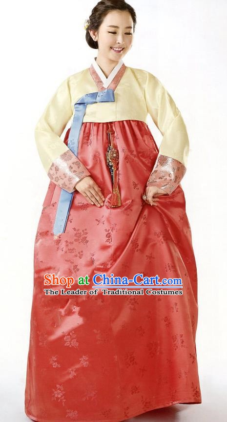 Korean Traditional Handmade Palace Hanbok Yellow Blouse and Red Dress Fashion Apparel Bride Costumes for Women