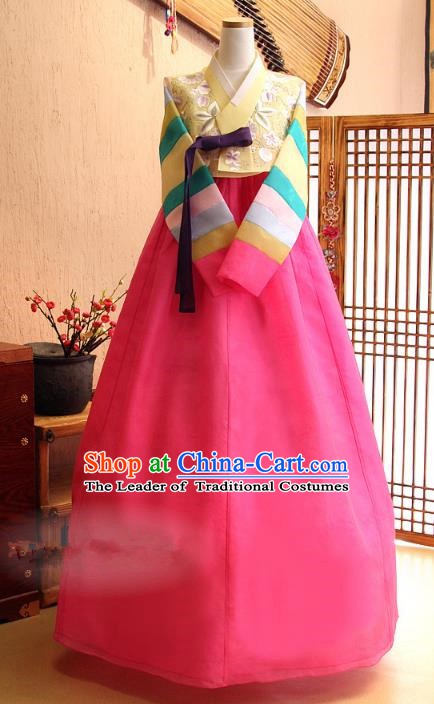 Top Grade Korean Traditional Palace Hanbok Yellow Blouse and Pink Dress Fashion Apparel Bride Costumes for Women