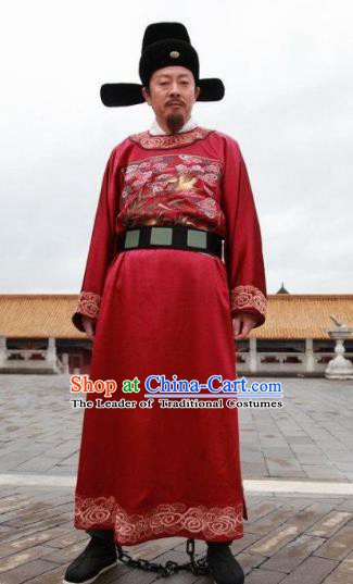 Chinese Ancient Ming Dynasty Minister Official Replica Costume Red Gwanbok for Men