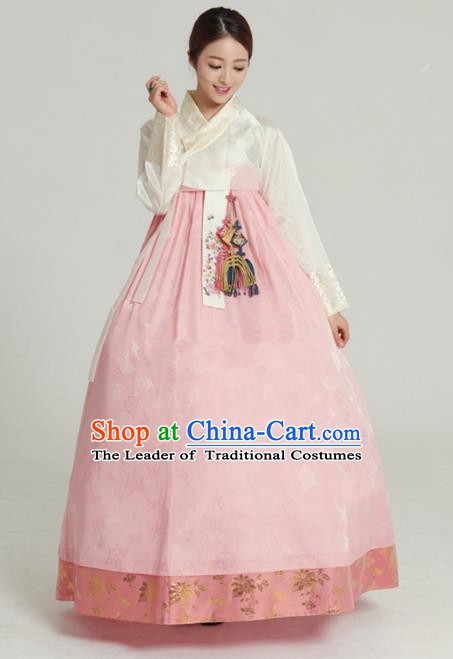 Top Grade Korean Bride Traditional Palace Hanbok White Blouse and Pink Dress Fashion Apparel Costumes for Women