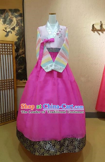 Top Grade Korean Palace Hanbok Bride Traditional Pink Blouse and Rosy Dress Fashion Apparel Costumes for Women