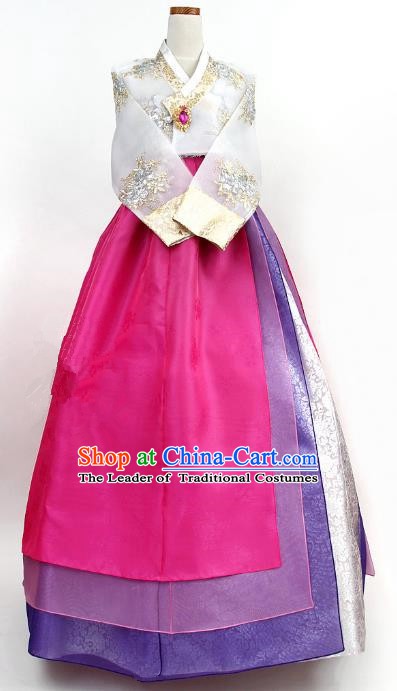 Top Grade Korean Palace Hanbok Bride Traditional White Blouse and Rosy Dress Fashion Apparel Costumes for Women