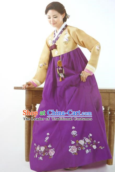 Top Grade Korean Palace Hanbok Traditional Yellow Blouse and Purple Dress Fashion Apparel Costumes for Women