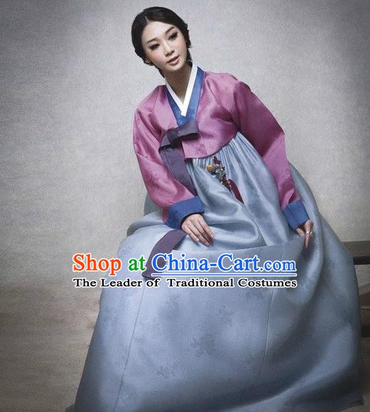 Top Grade Korean Hanbok Traditional Pink Blouse and Blue Dress Fashion Apparel Costumes for Women