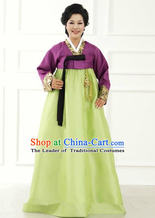 Top Grade Korean Hanbok Traditional Hostess Purple Blouse and Green Dress Fashion Apparel Costumes for Women