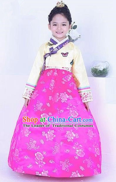 Top Grade Korean Traditional Hanbok Girls Yellow Blouse and Rosy Dress Fashion Apparel Costumes for Kids