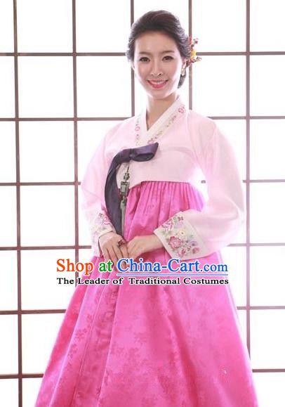 Top Grade Korean Traditional Hanbok Pink Blouse and Rosy Dress Fashion Apparel Costumes for Women