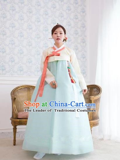 Top Grade Korean Hanbok Traditional White Blouse and Blue Dress Fashion Apparel Costumes for Women