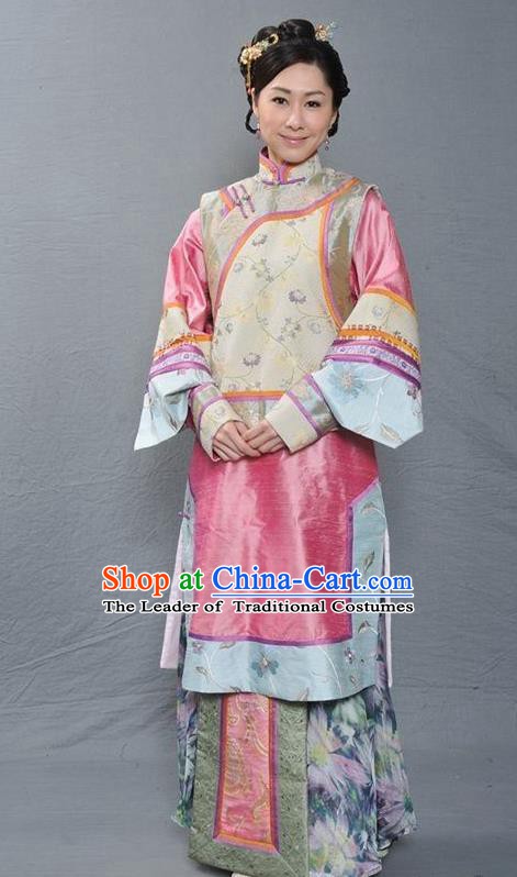 Chinese Ancient Qing Dynasty Imperial Consort Hua Embroidered Manchu Dress Costume for Women