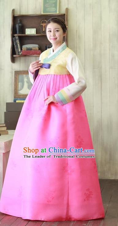 Top Grade Korean Hanbok Traditional Yellow Blouse and Rosy Dress Fashion Apparel Costumes for Women