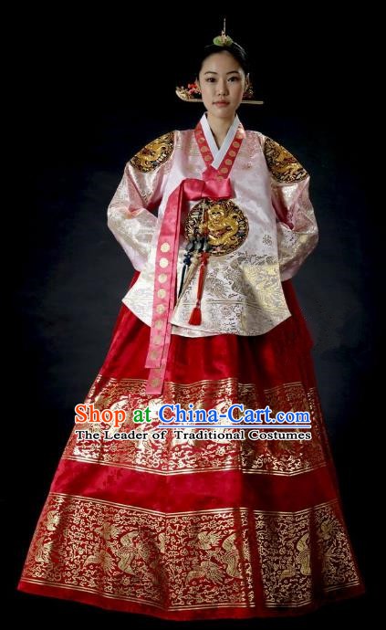 Top Grade Korean Palace Hanbok Traditional Empress Pink Blouse and Red Dress Fashion Apparel Costumes for Women