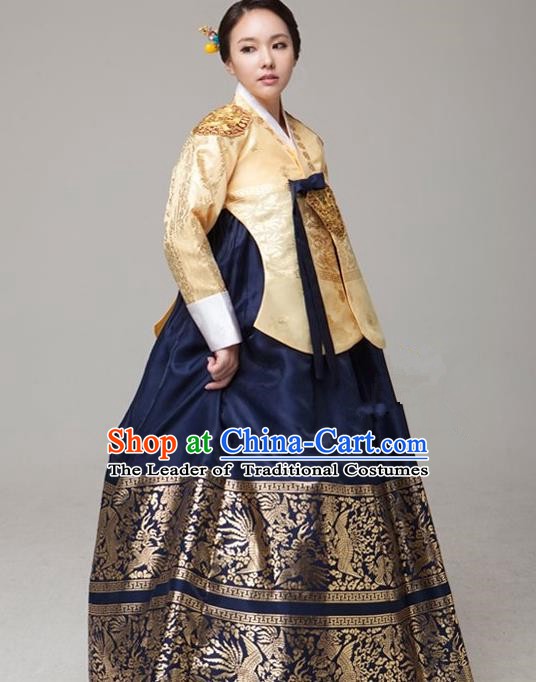 Top Grade Korean Palace Hanbok Traditional Empress Golden Blouse and Navy Dress Fashion Apparel Costumes for Women