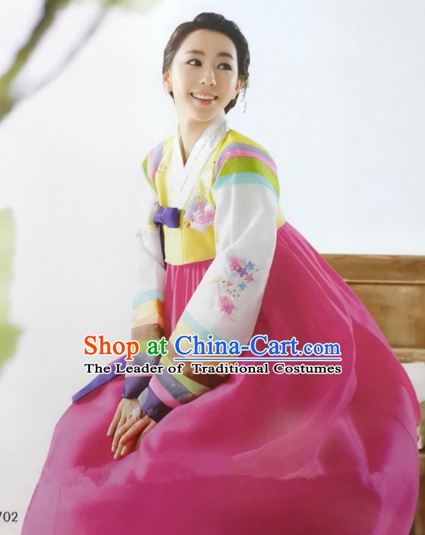 Top Grade Korean Traditional Hanbok Ancient Palace Yellow Blouse and Rosy Dress Fashion Apparel Costumes for Women