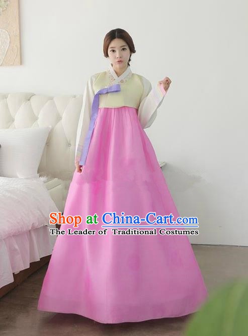 Top Grade Korean Traditional Hanbok Ancient Palace Yellow Blouse and Rosy Dress Fashion Apparel Costumes for Women