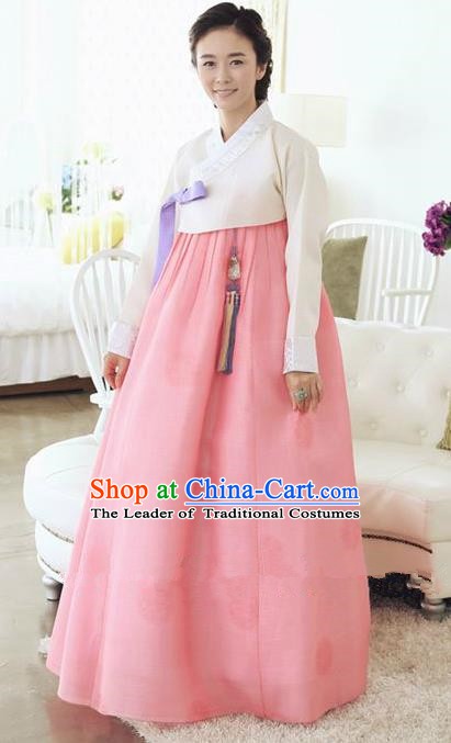 Top Grade Korean Traditional Hanbok Ancient Fashion Apparel Costumes Palace White Blouse and Pink Dress for Women