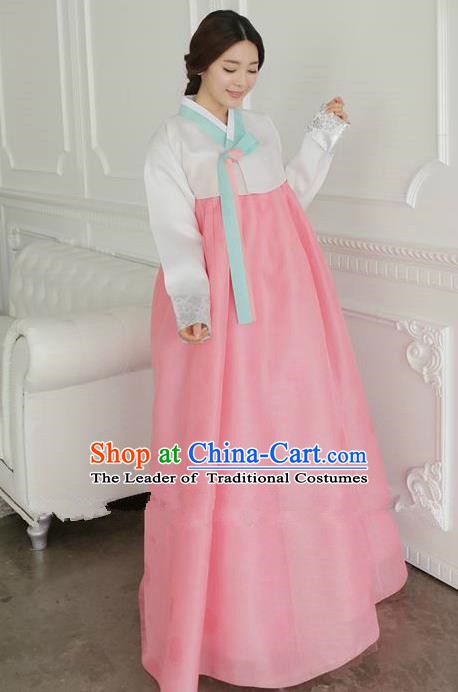 Top Grade Korean Traditional Hanbok Ancient Palace White Blouse and Pink Dress Fashion Apparel Costumes for Women