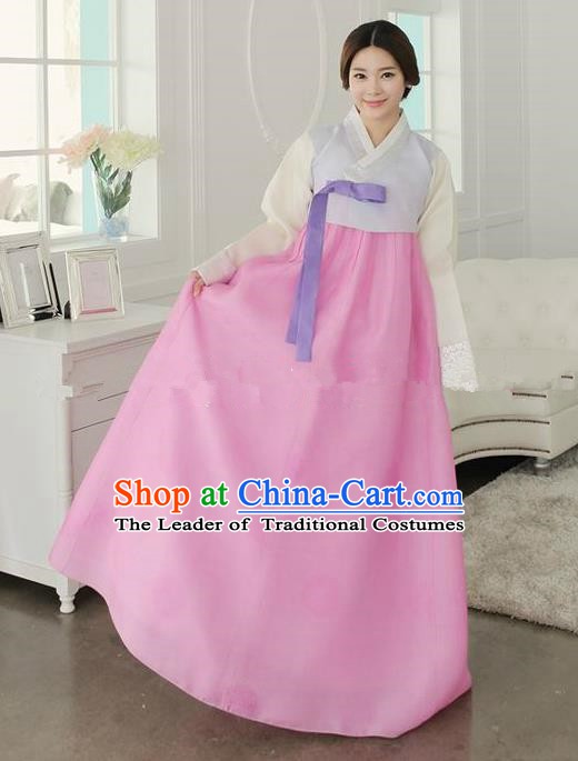 Top Grade Korean Traditional Hanbok Ancient Fashion Apparel Costumes Palace Lilac Blouse and Pink Dress for Women
