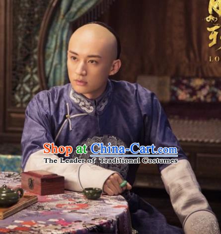 Traditional Chinese Ancient Qing Dynasty Nobility Childe Wu Yingqi Costume Purple Robe for Men