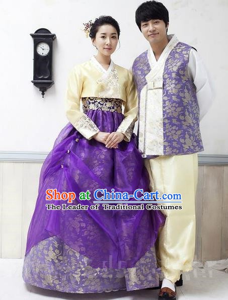 Asian Korean Traditional Wedding Purple Costumes Palace Hanbok Ancient Korean Bride and Bridegroom Costumes Complete Set