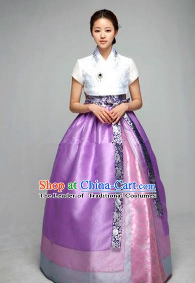 Top Grade Korean Hanbok Ancient Traditional Fashion Apparel Costumes White Blouse and Purple Dress for Women