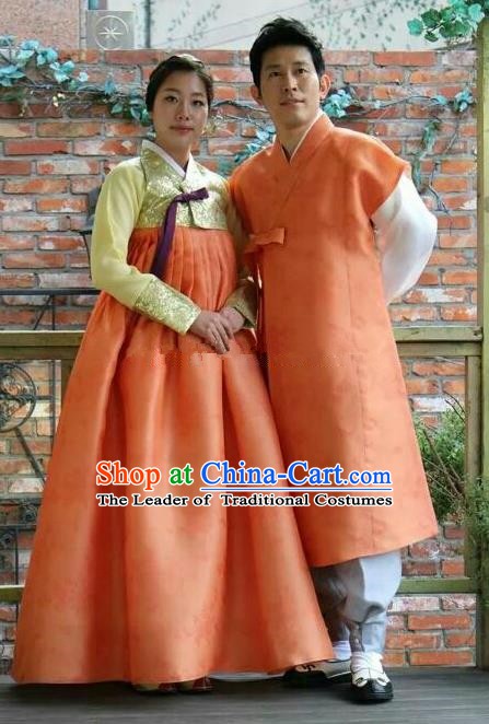 Asian Korean Traditional Wedding Orange Costumes Palace Hanbok Ancient Korean Bride and Bridegroom Costumes Complete Set