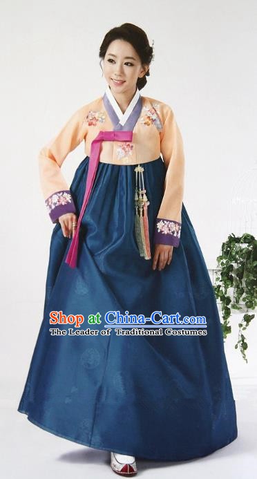 Top Grade Korean Hanbok Ancient Traditional Fashion Apparel Costumes Orange Blouse and Green Dress for Women