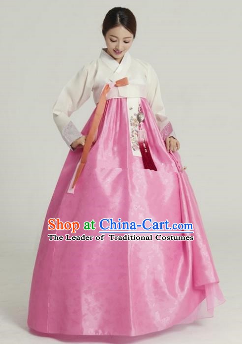 Top Grade Korean Hanbok Ancient Traditional Fashion Apparel Costumes White Blouse and Pink Dress for Women