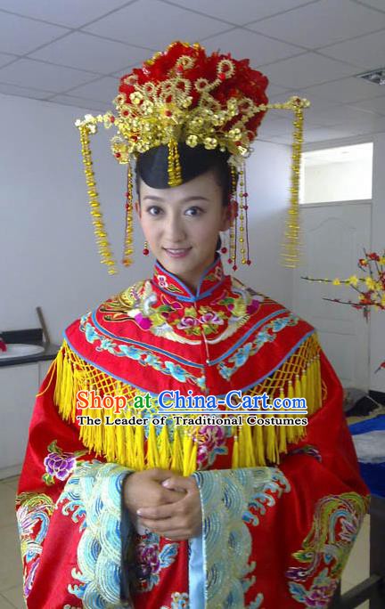 Ancient Chinese Ming Dynasty Wedding Embroidered Dress Costume and Headpiece Complete Set