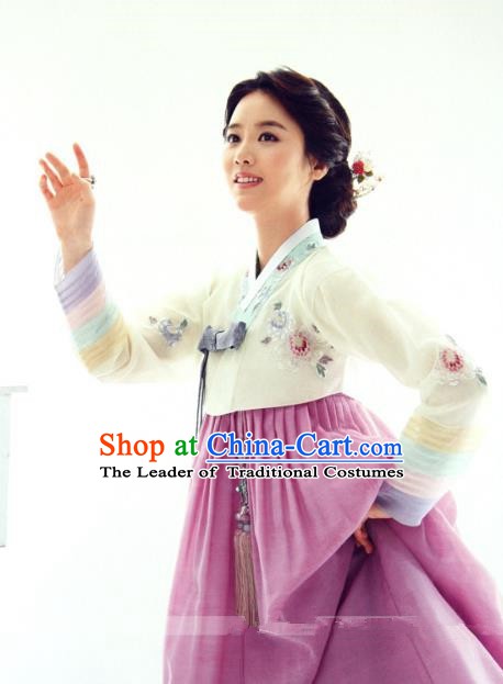 Top Grade Korean Hanbok Ancient Traditional Fashion Apparel Costumes Beige Blouse and Lilac Dress for Women