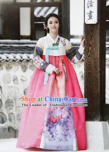 Top Grade Korean Hanbok Ancient Traditional Fashion Apparel Costumes White Blouse and Pink Dress for Women