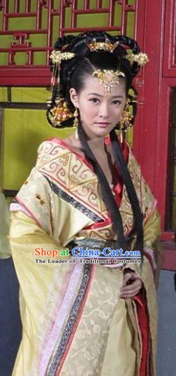Ancient Chinese Ming Dynasty Imperial Concubine Wei of Zhu Youxiao Embroidered Historical Costume and Headpiece Complete Set for Women