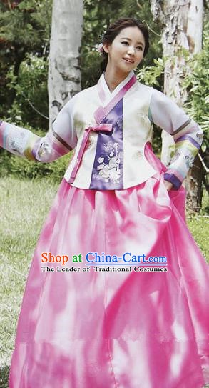 Top Grade Korean Hanbok Ancient Traditional Fashion Apparel Costumes White Blouse and Rosy Dress for Women