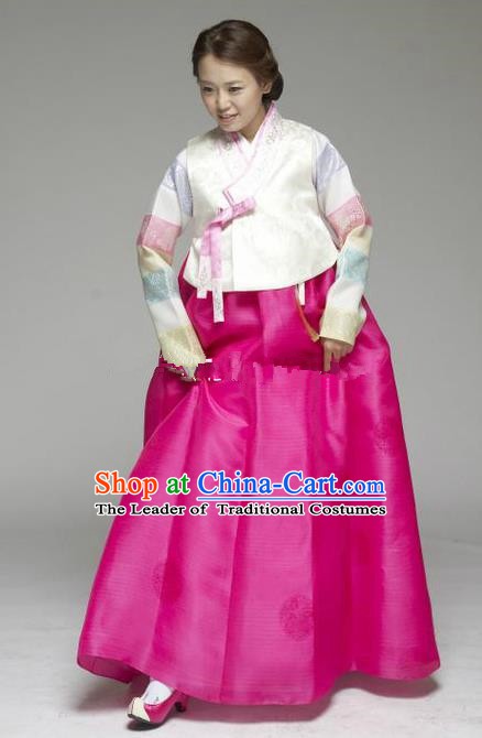 Korean Traditional Hanbok White Blouse and Rosy Dress Ancient Formal Occasions Fashion Apparel Costumes for Women